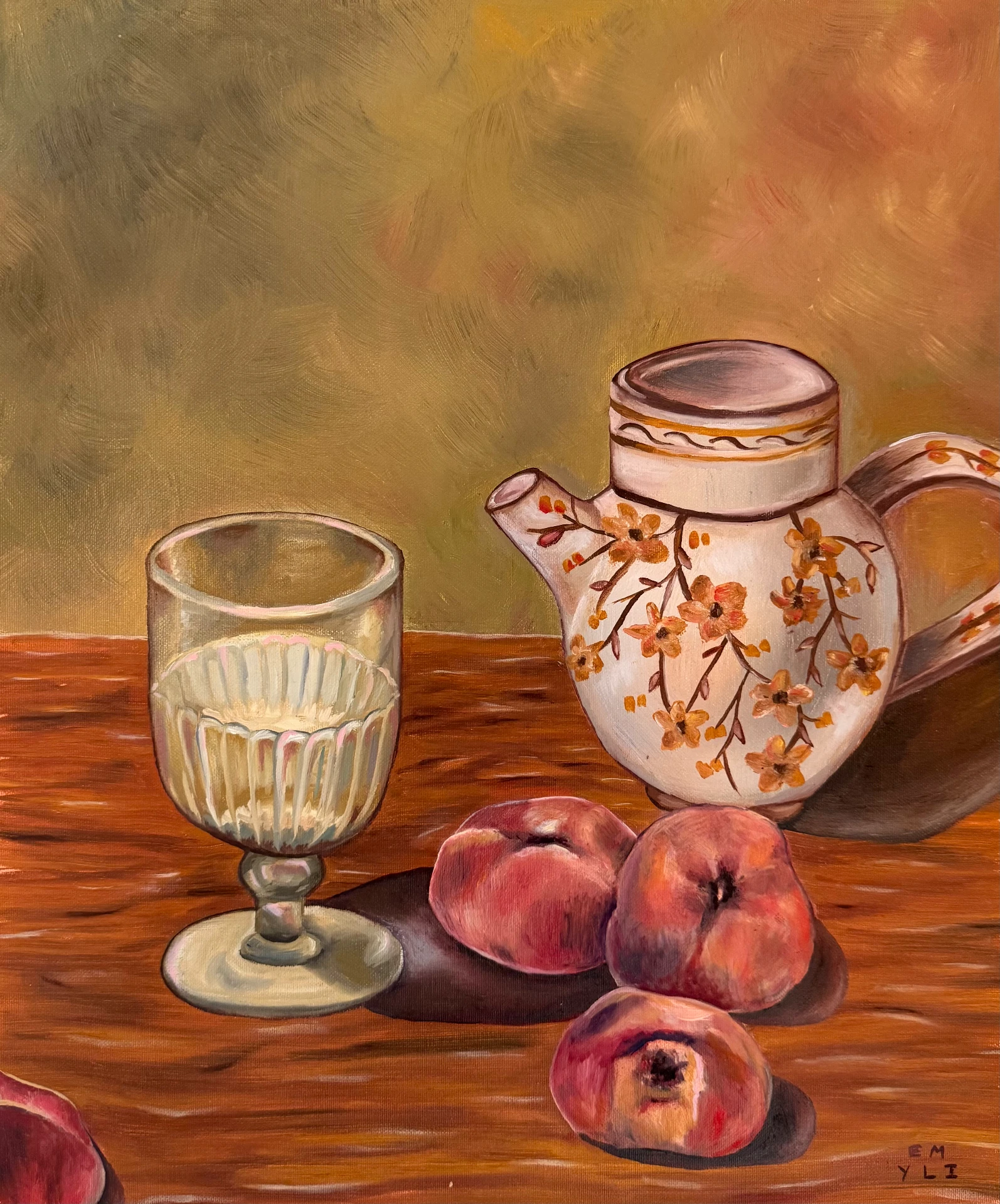 Oil on canvas still life with a glass, ceramic teapot and peaches on a dark wooden surface