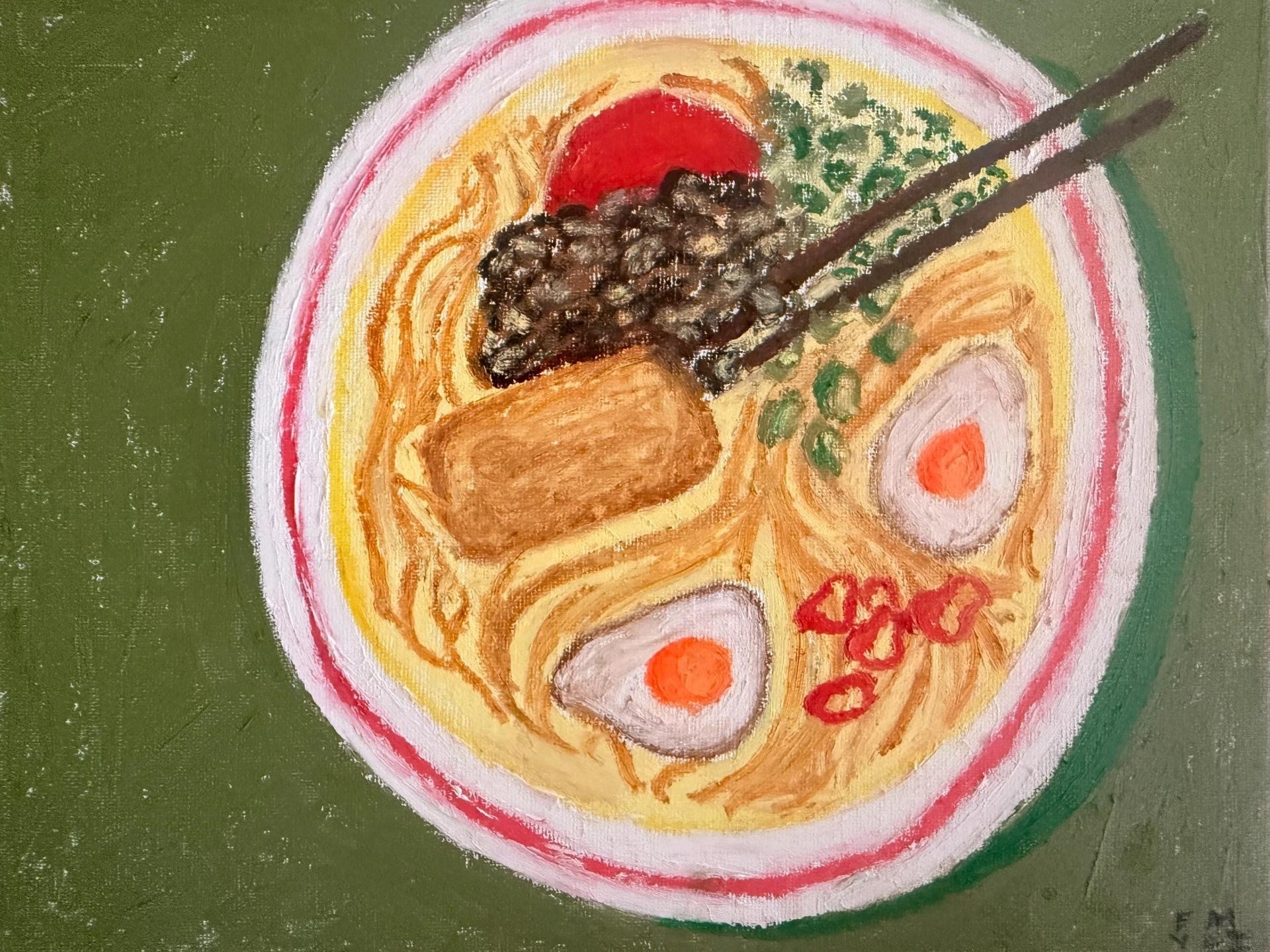 Bowl of ramen with noodles, egg, chopsticks and spring onions on a green ground