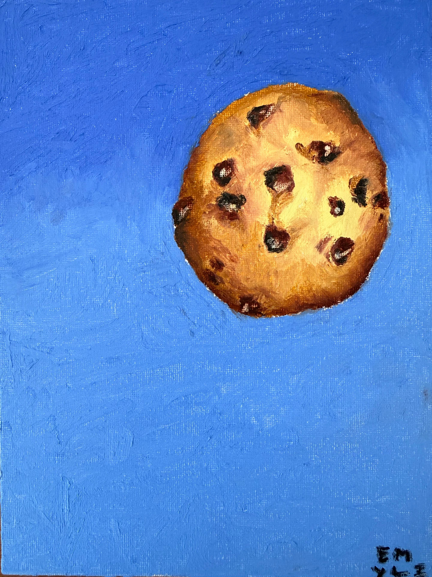 Chocolate chip cookie on a bright blue ground