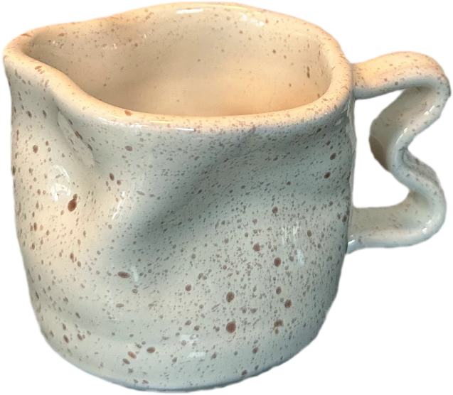 Speckled ceramic cup with a wavy handle