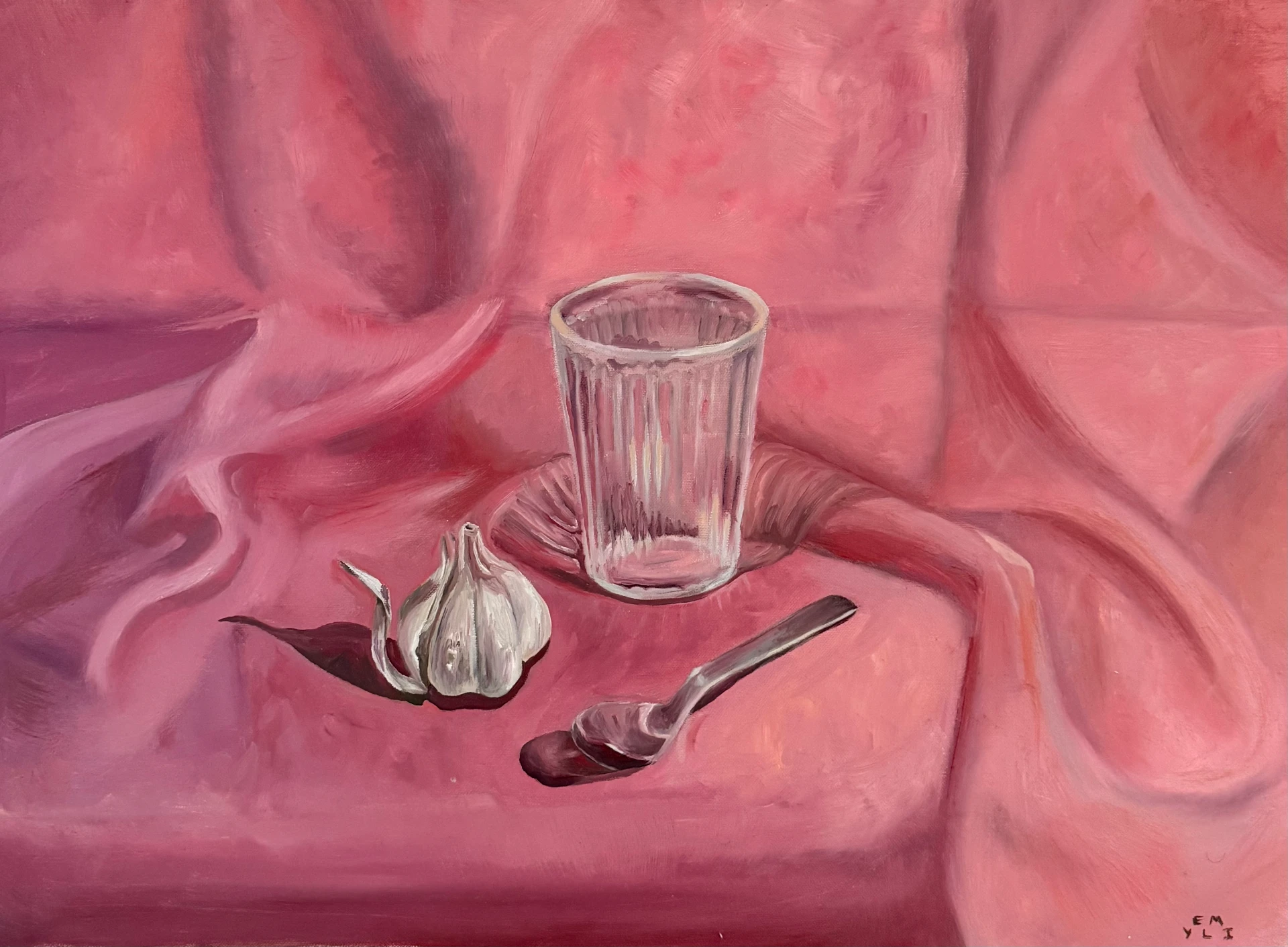 Oil on canvas still life with a glass, garlic and spoon against draped pink fabric