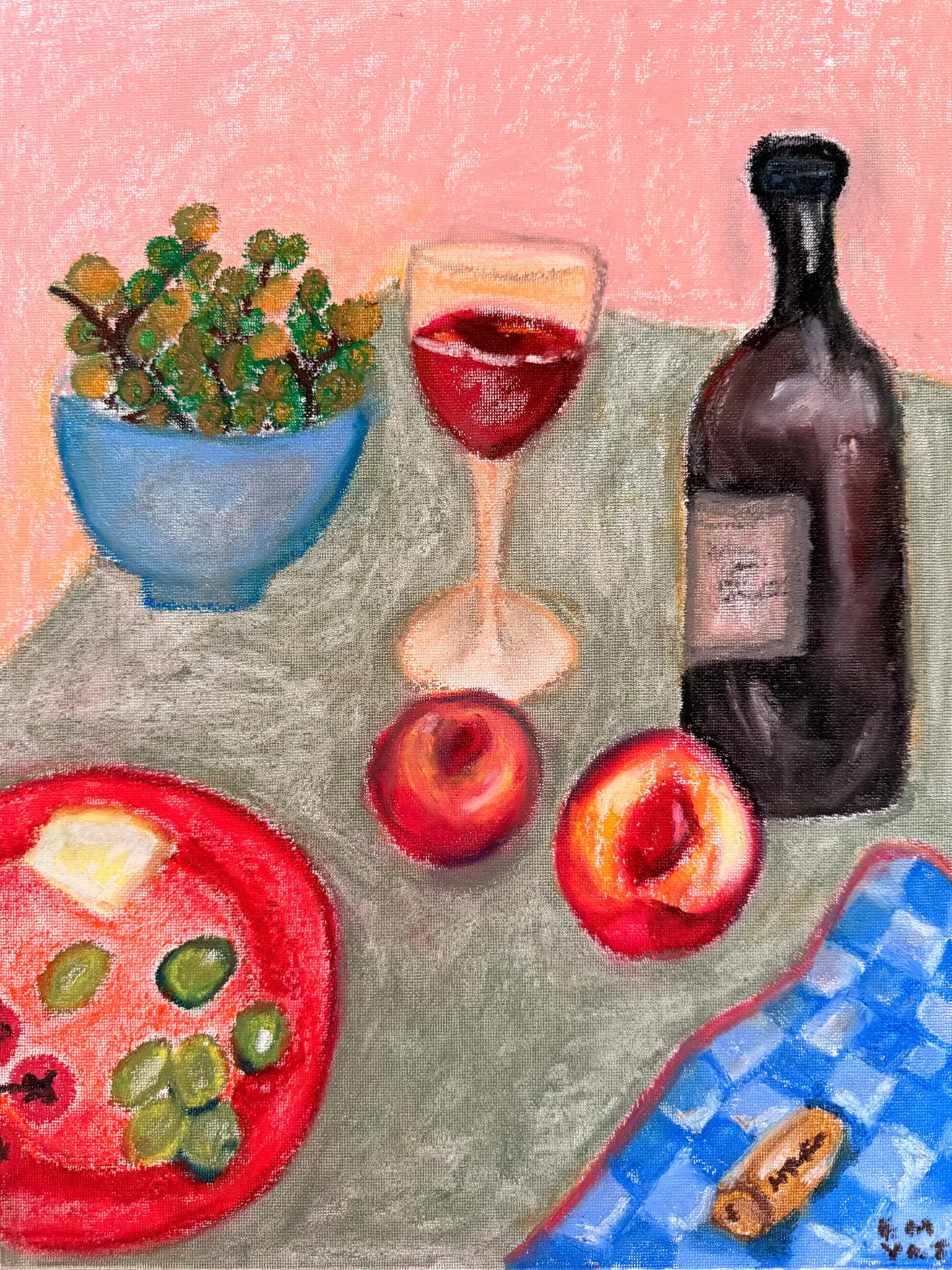 Still life with a wine bottle, glass of red wine, pizza, grapes and peaches