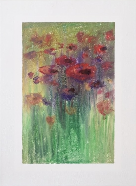 Oil pastel painting with red poppies on a green ground